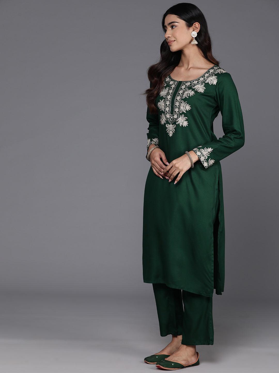 Green Yoke Design Wool Blend Straight Kurta Set