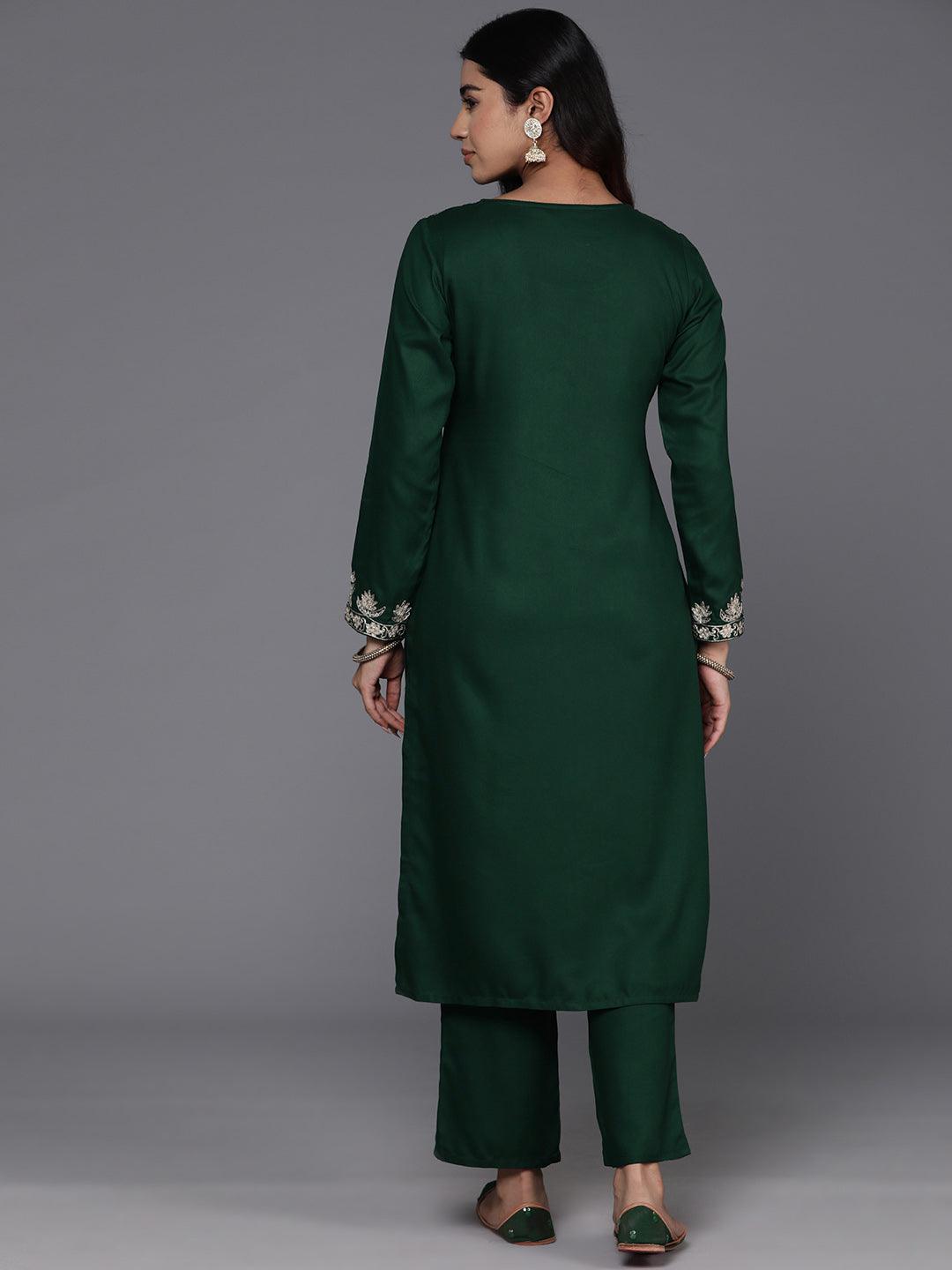 Green Yoke Design Wool Blend Straight Kurta With Trousers - ShopLibas