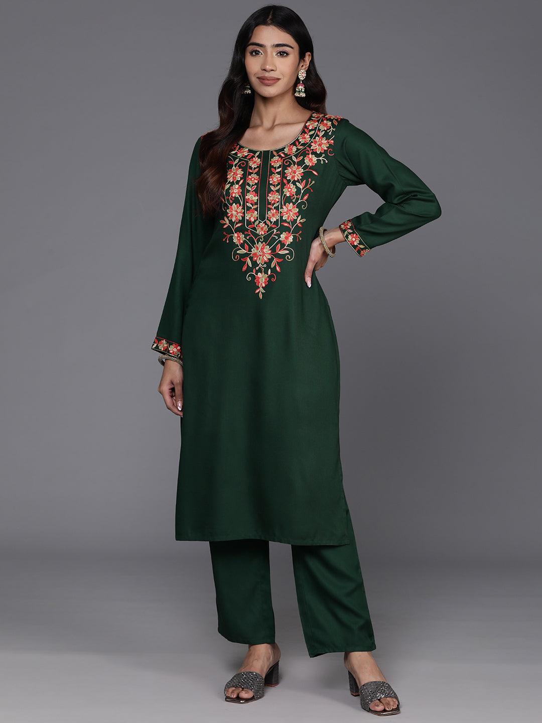 Green Yoke Design Wool Blend Straight Kurta With Trousers - ShopLibas