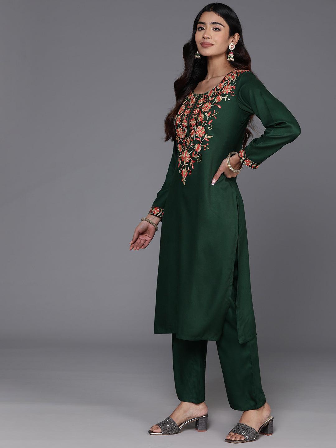 Green Yoke Design Wool Blend Straight Kurta With Trousers - ShopLibas