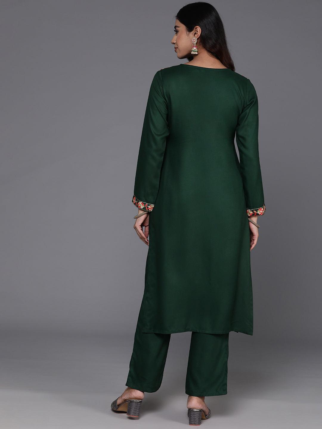 Green Yoke Design Wool Blend Straight Kurta With Trousers - ShopLibas