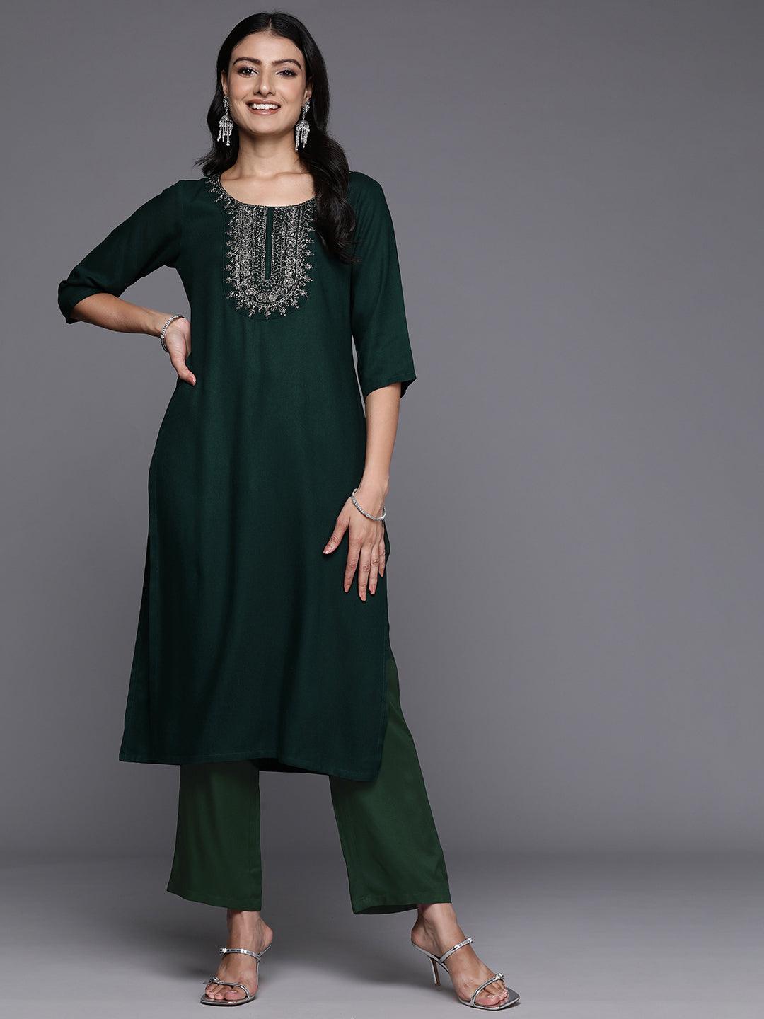 Green Yoke Design Wool Blend Straight Kurta Set