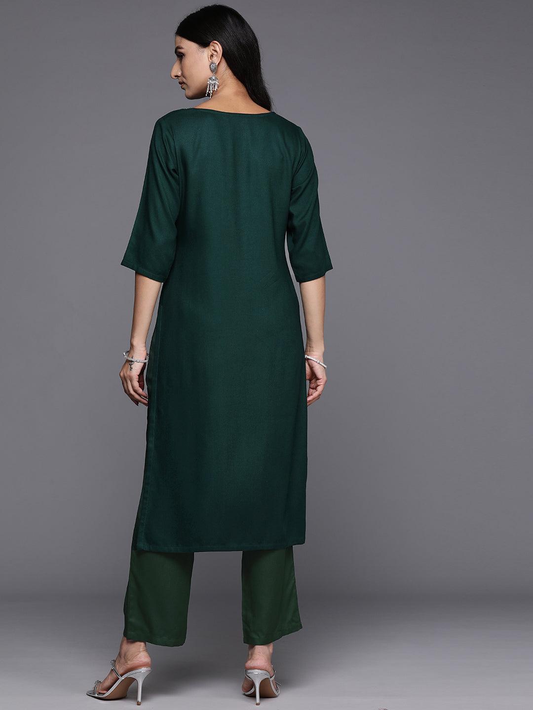 Green Yoke Design Wool Blend Straight Kurta With Trousers - ShopLibas