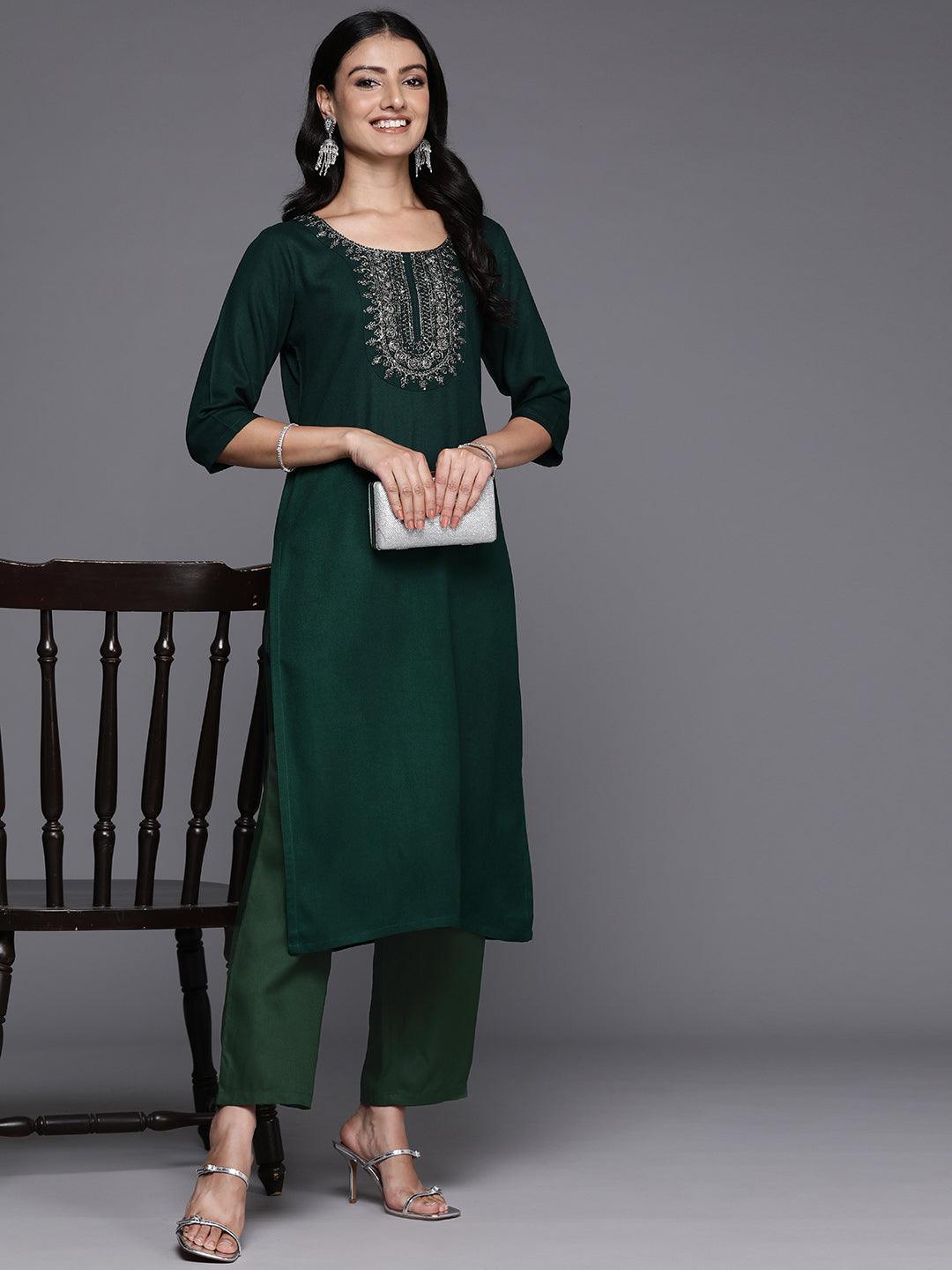 Green Yoke Design Wool Blend Straight Kurta Set