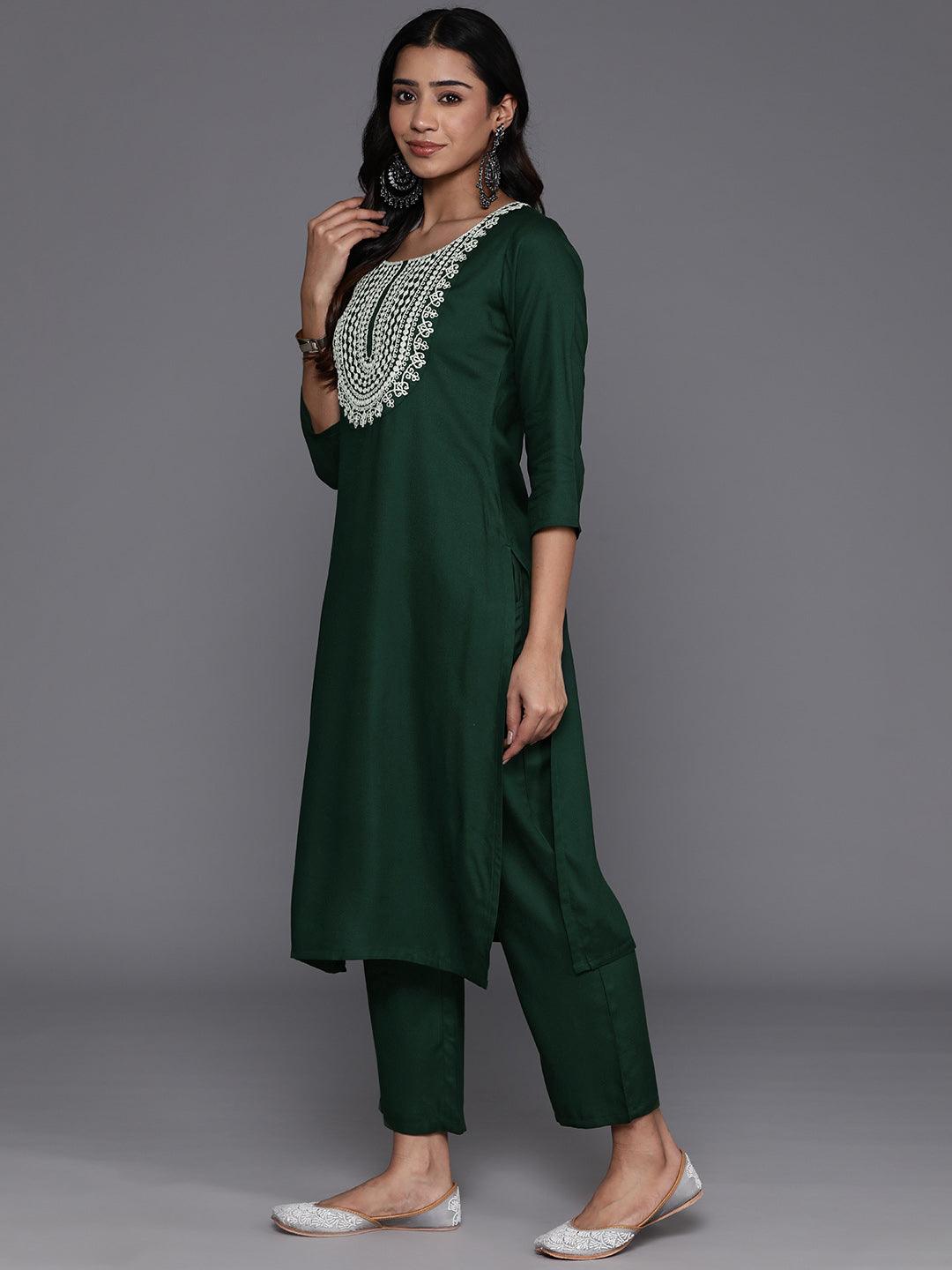 Green Yoke Design Wool Blend Straight Kurta Set