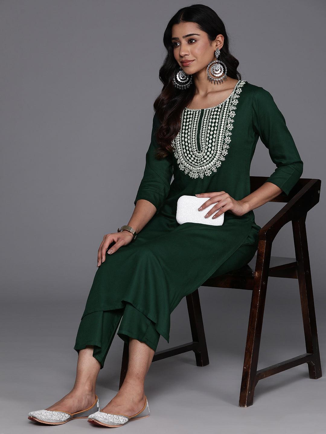 Green Yoke Design Wool Blend Straight Kurta Set