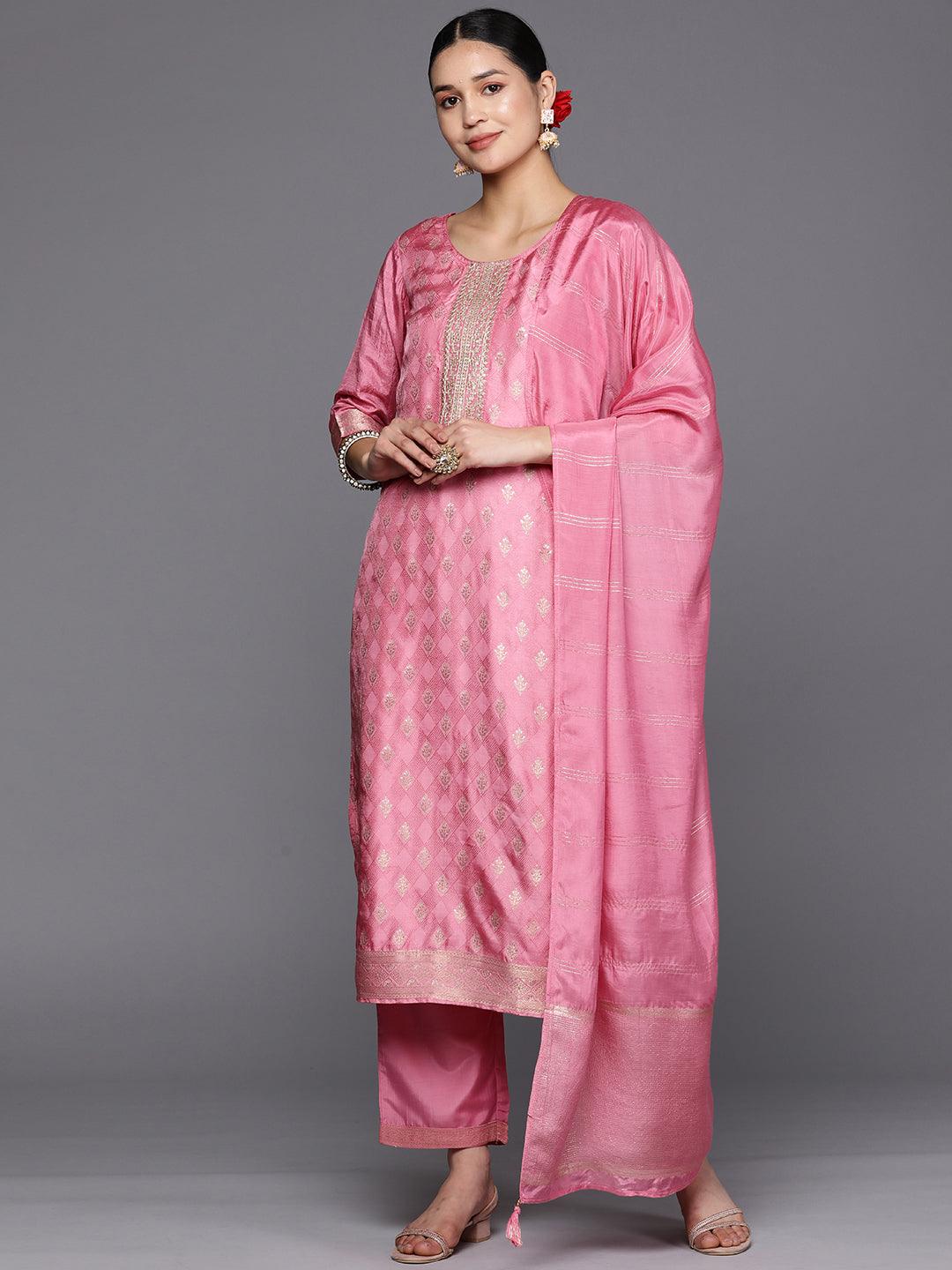 Pink Embroidered Silk Blend Straight Suit Set With Trousers