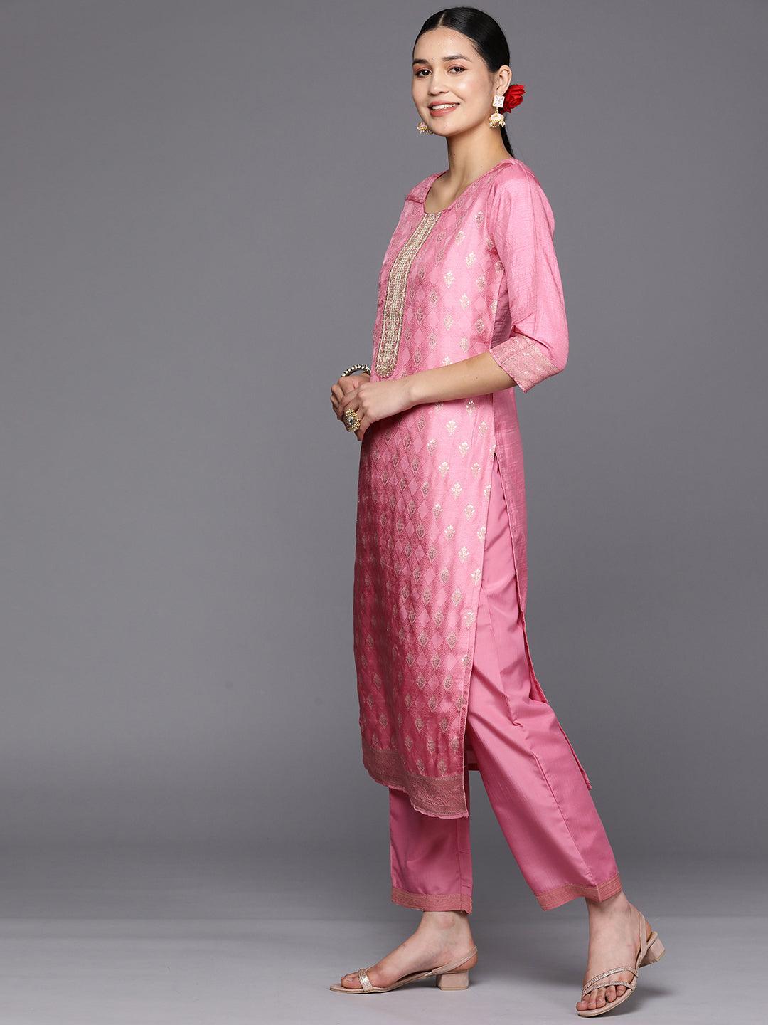 Pink Embroidered Silk Blend Straight Suit Set With Trousers