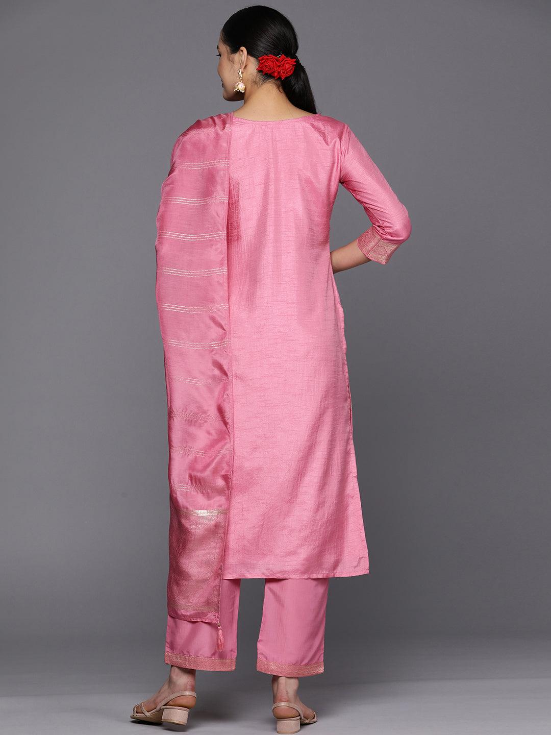 Pink Embroidered Silk Blend Straight Suit Set With Trousers