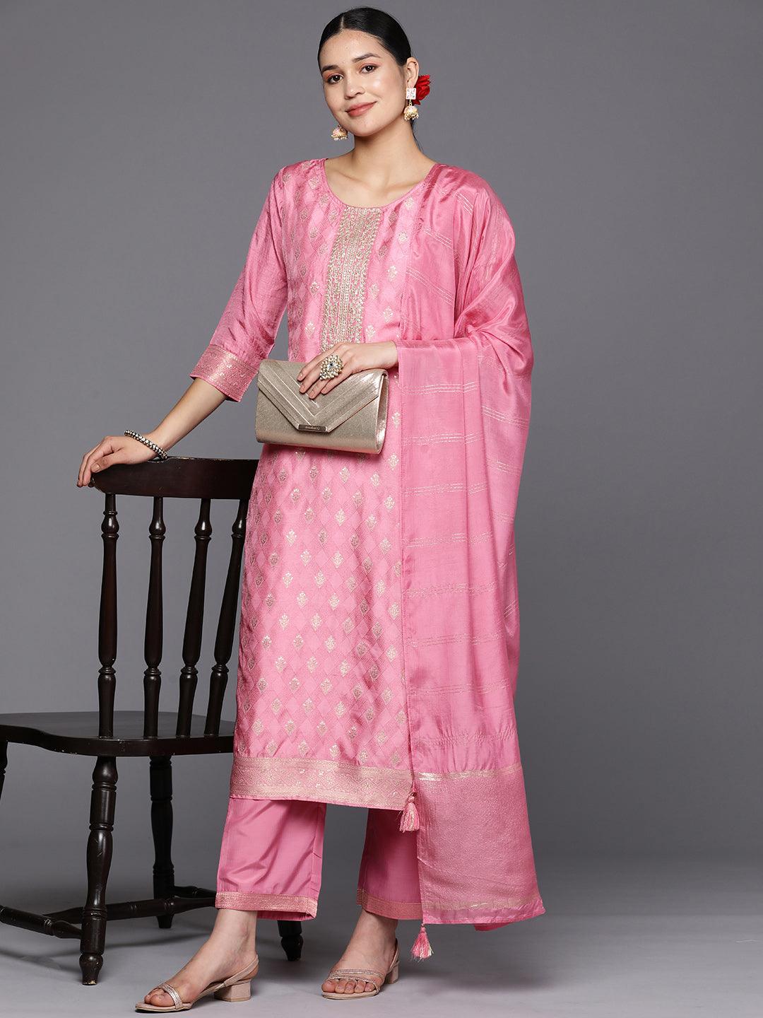 Pink Embroidered Silk Blend Straight Suit Set With Trousers