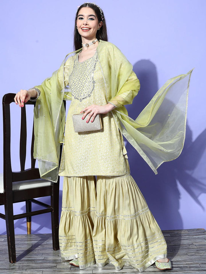 Green Yoke Design Cotton Blend Suit Set With Sharara - ShopLibas