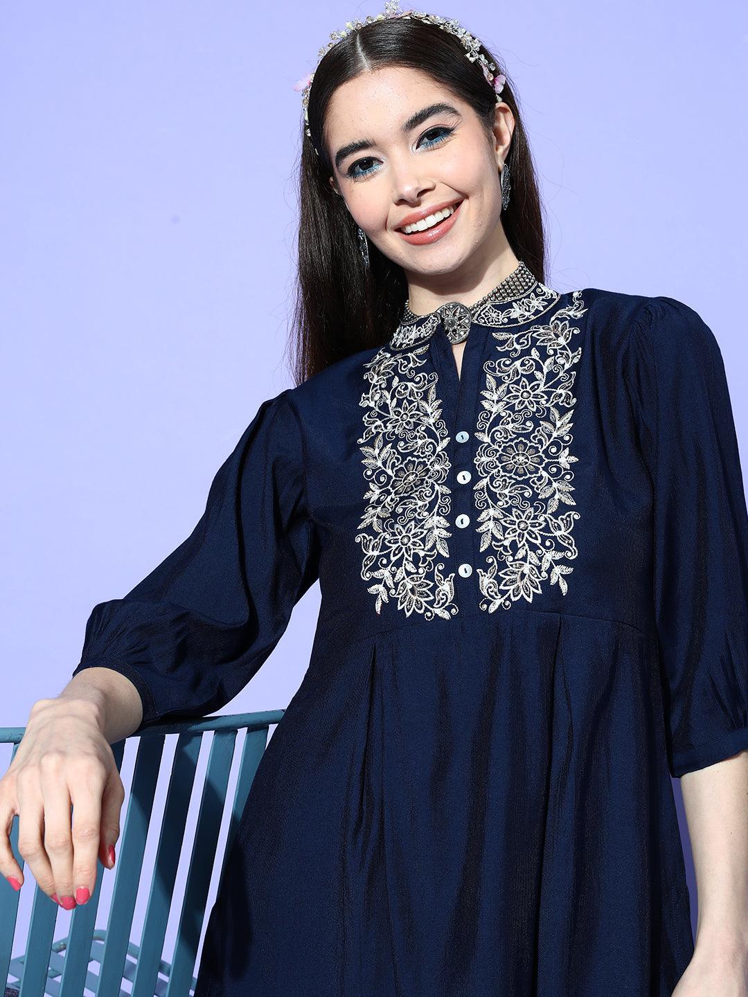 Navy Blue Embellished Silk Blend Co-Ords - ShopLibas