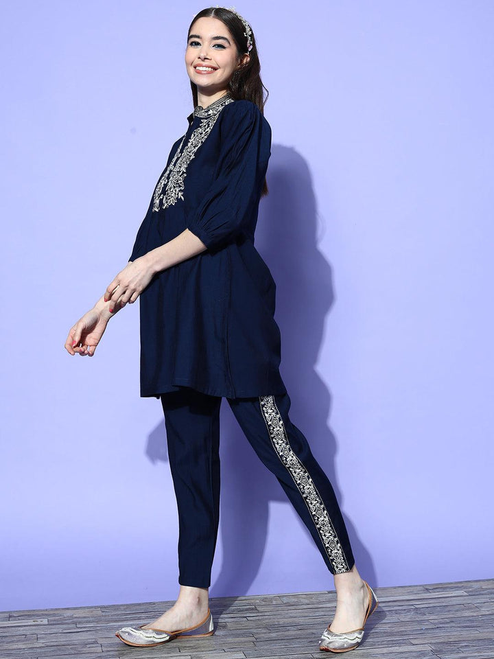 Navy Blue Embellished Silk Blend Co-Ords - ShopLibas