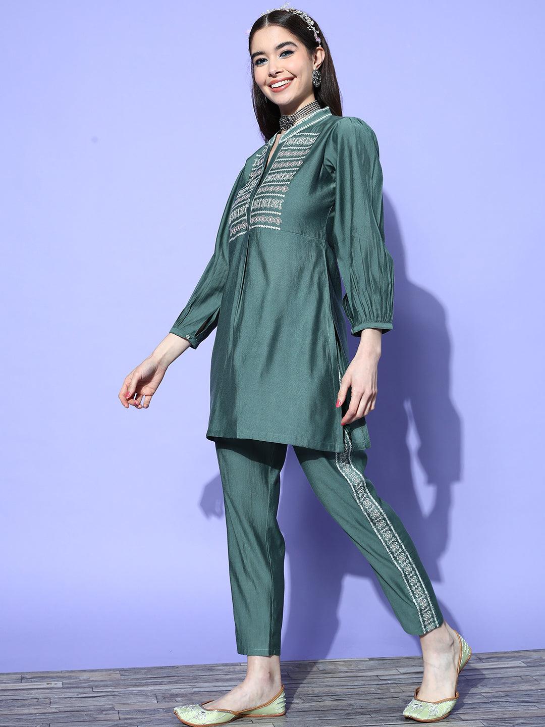 Green Embellished Silk Blend Co-Ords - ShopLibas