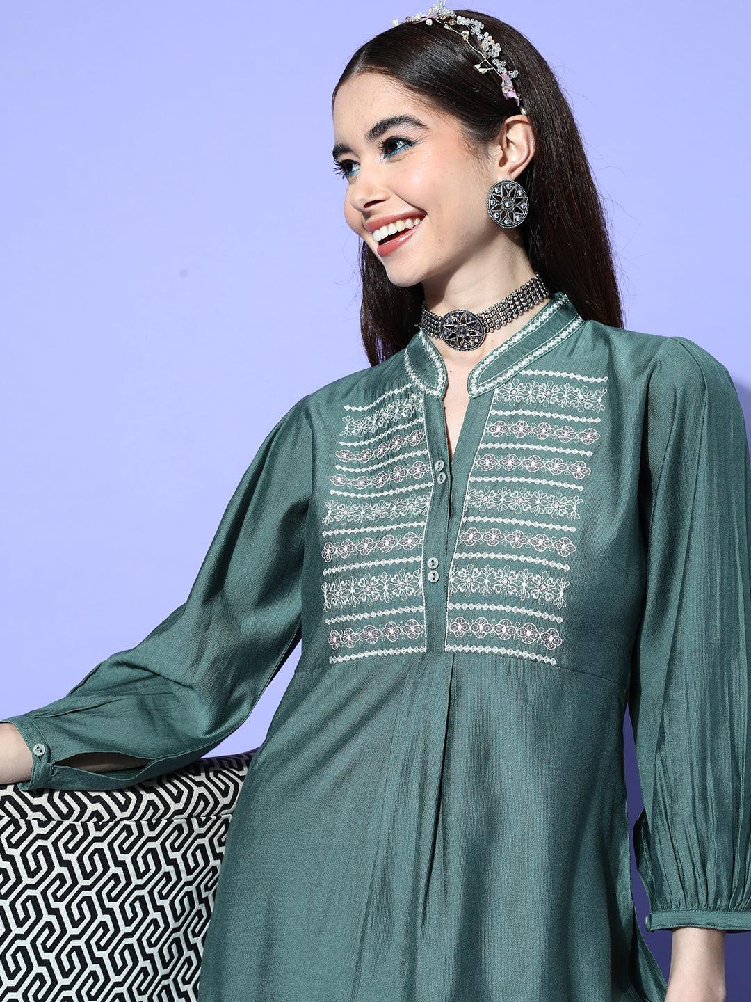 Green Embellished Silk Blend Co-Ords - ShopLibas