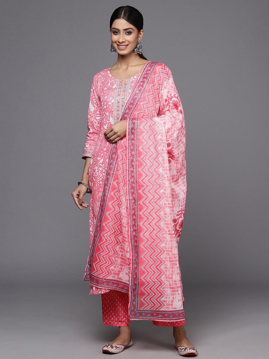 Pink Printed Cotton Straight Kurta With Trousers & Dupatta - ShopLibas