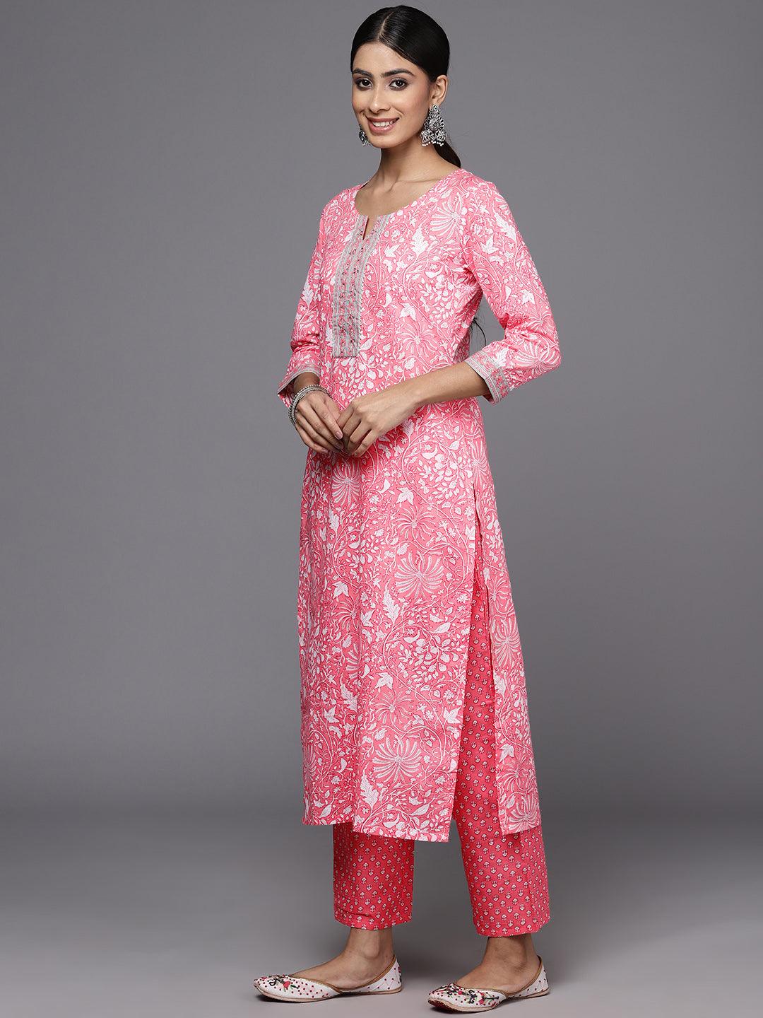 Pink Printed Cotton Straight Kurta With Trousers & Dupatta - ShopLibas