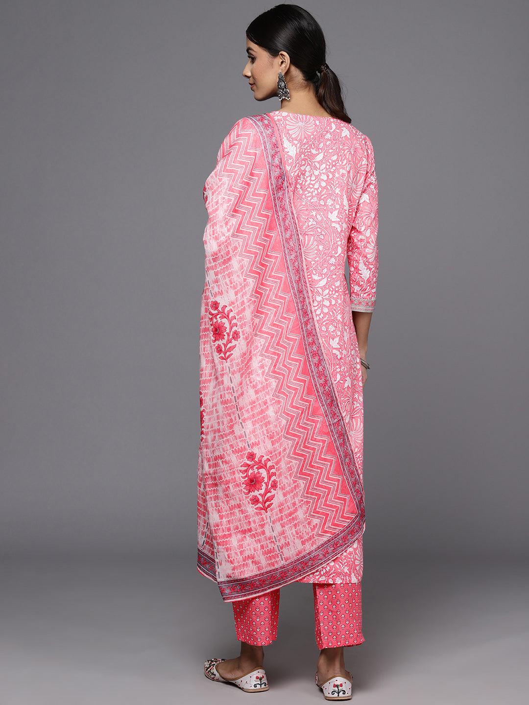 Pink Printed Cotton Straight Kurta With Trousers & Dupatta - ShopLibas