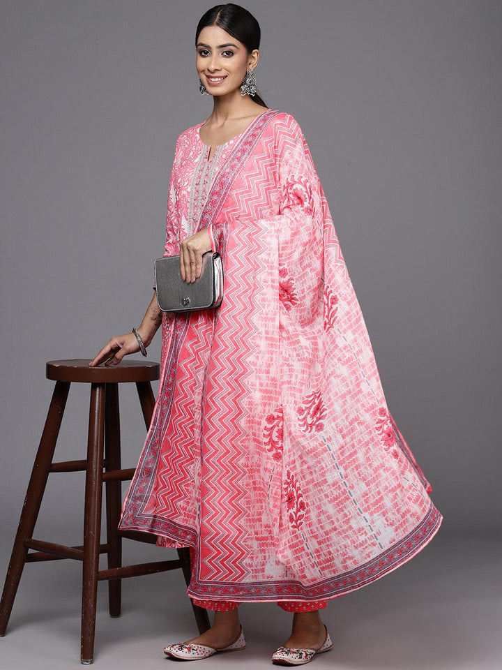 Pink Printed Cotton Straight Kurta With Trousers & Dupatta - ShopLibas