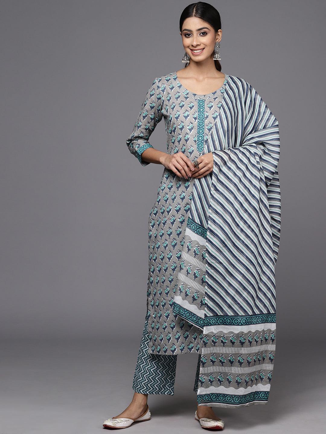 Grey Printed Cotton Straight Kurta With Trousers & Dupatta - ShopLibas