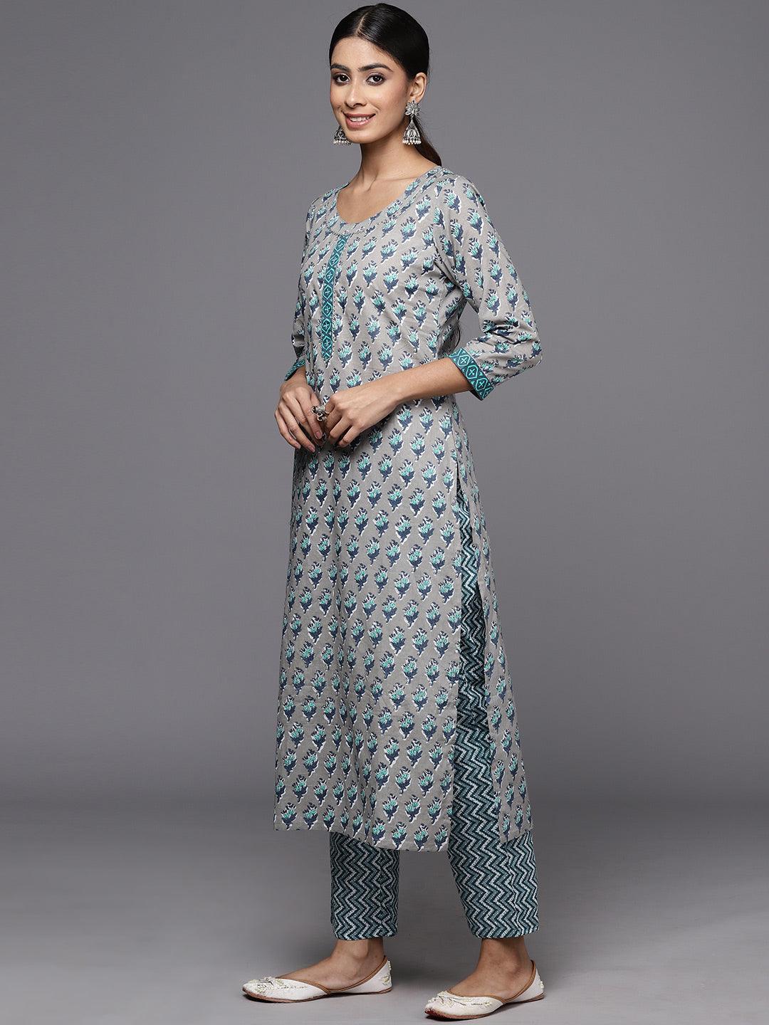 Grey Printed Cotton Straight Kurta With Trousers & Dupatta - ShopLibas