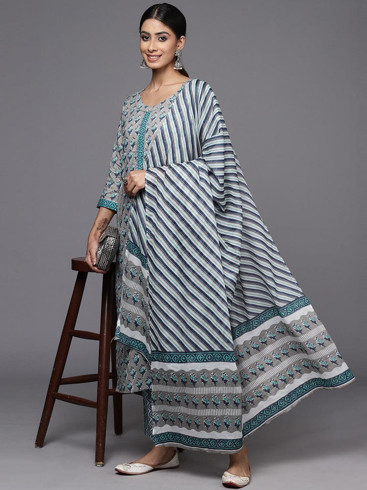 Grey Printed Cotton Straight Kurta With Trousers & Dupatta - ShopLibas