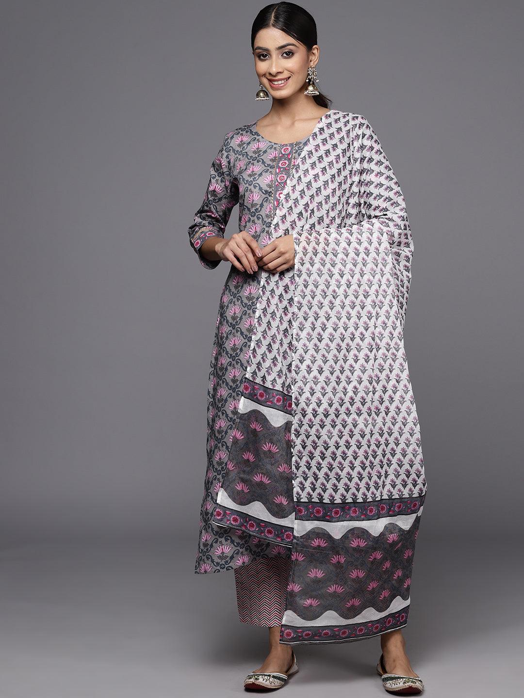 Grey Printed Cotton Straight Kurta With Trousers & Dupatta - ShopLibas