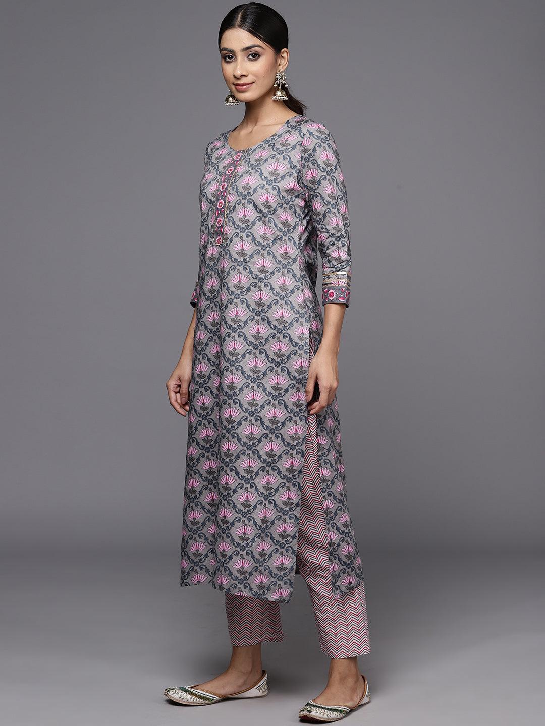 Grey Printed Cotton Straight Kurta With Trousers & Dupatta - ShopLibas