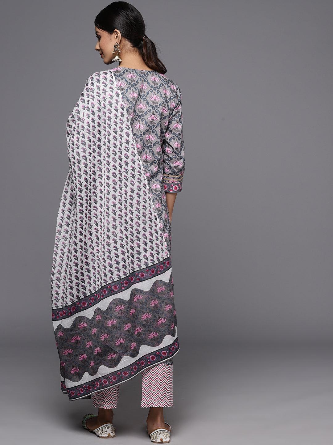 Grey Printed Cotton Straight Kurta With Trousers & Dupatta - ShopLibas