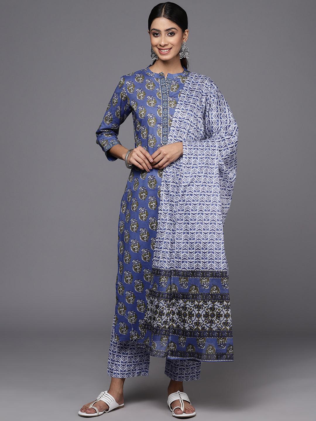 Blue Printed Cotton Straight Kurta With Trousers & Dupatta - ShopLibas