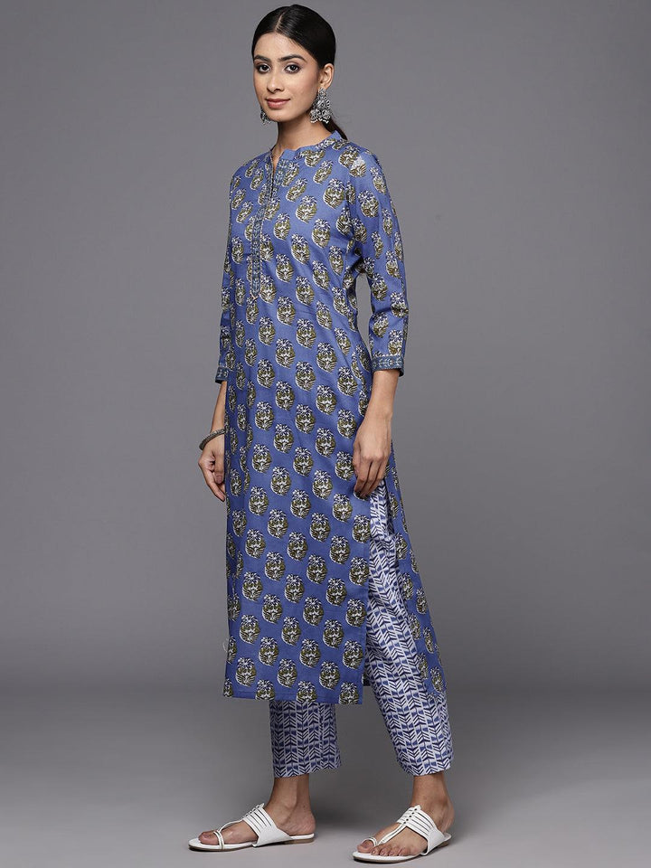 Blue Printed Cotton Straight Kurta With Trousers & Dupatta - ShopLibas