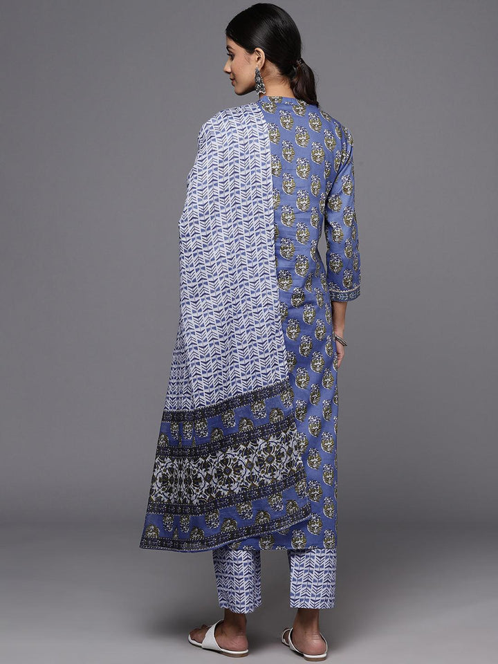 Blue Printed Cotton Straight Kurta With Trousers & Dupatta - ShopLibas