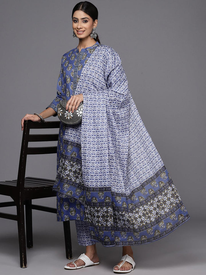 Blue Printed Cotton Straight Kurta With Trousers & Dupatta - ShopLibas