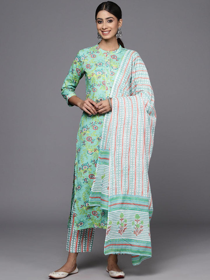 Green Printed Cotton Straight Kurta With Trousers & Dupatta - ShopLibas