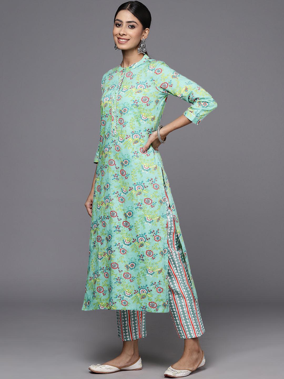 Green Printed Cotton Straight Kurta With Trousers & Dupatta - ShopLibas