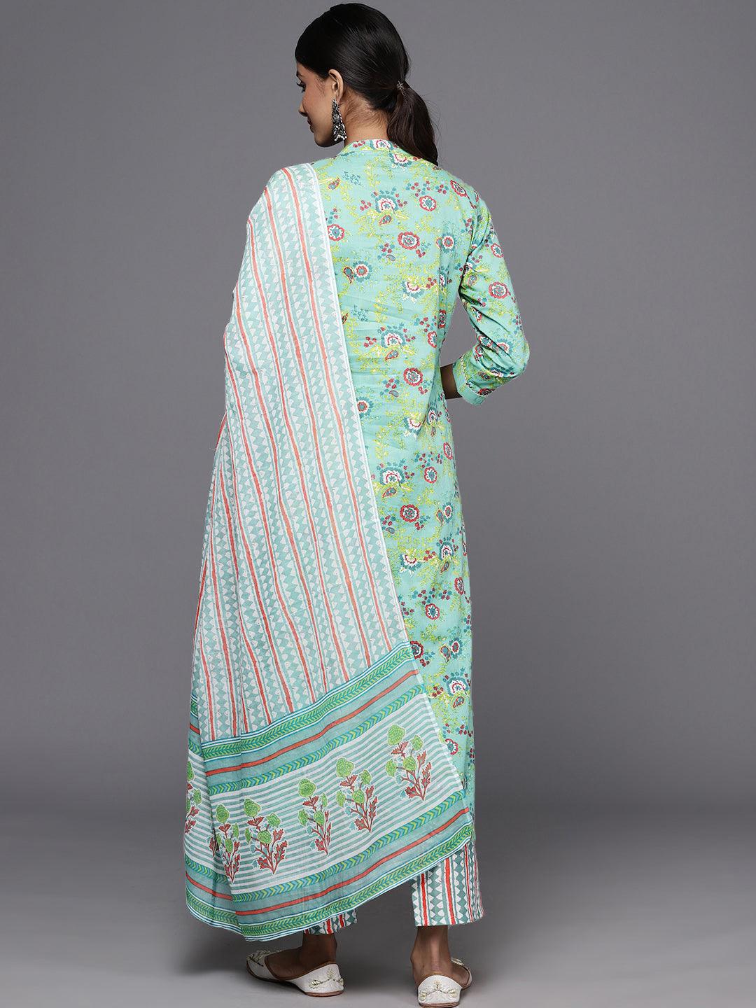 Green Printed Cotton Straight Kurta With Trousers & Dupatta - ShopLibas