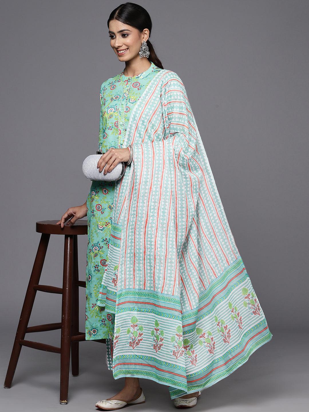 Green Printed Cotton Straight Kurta With Trousers & Dupatta - ShopLibas