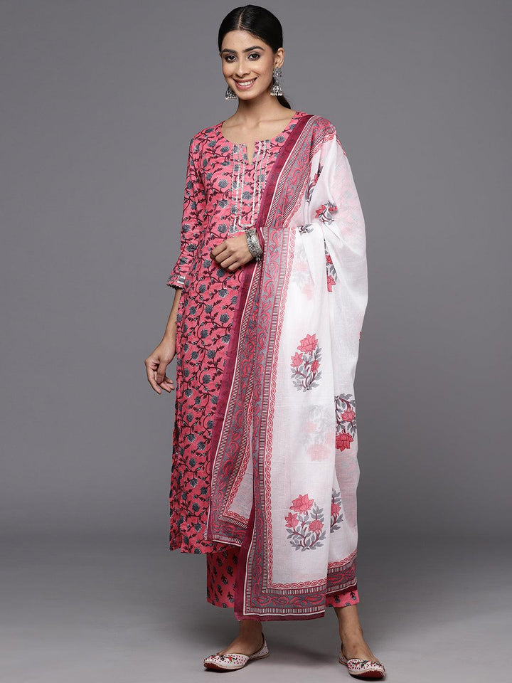 Pink Printed Cotton Straight Kurta With Trousers & Dupatta - ShopLibas