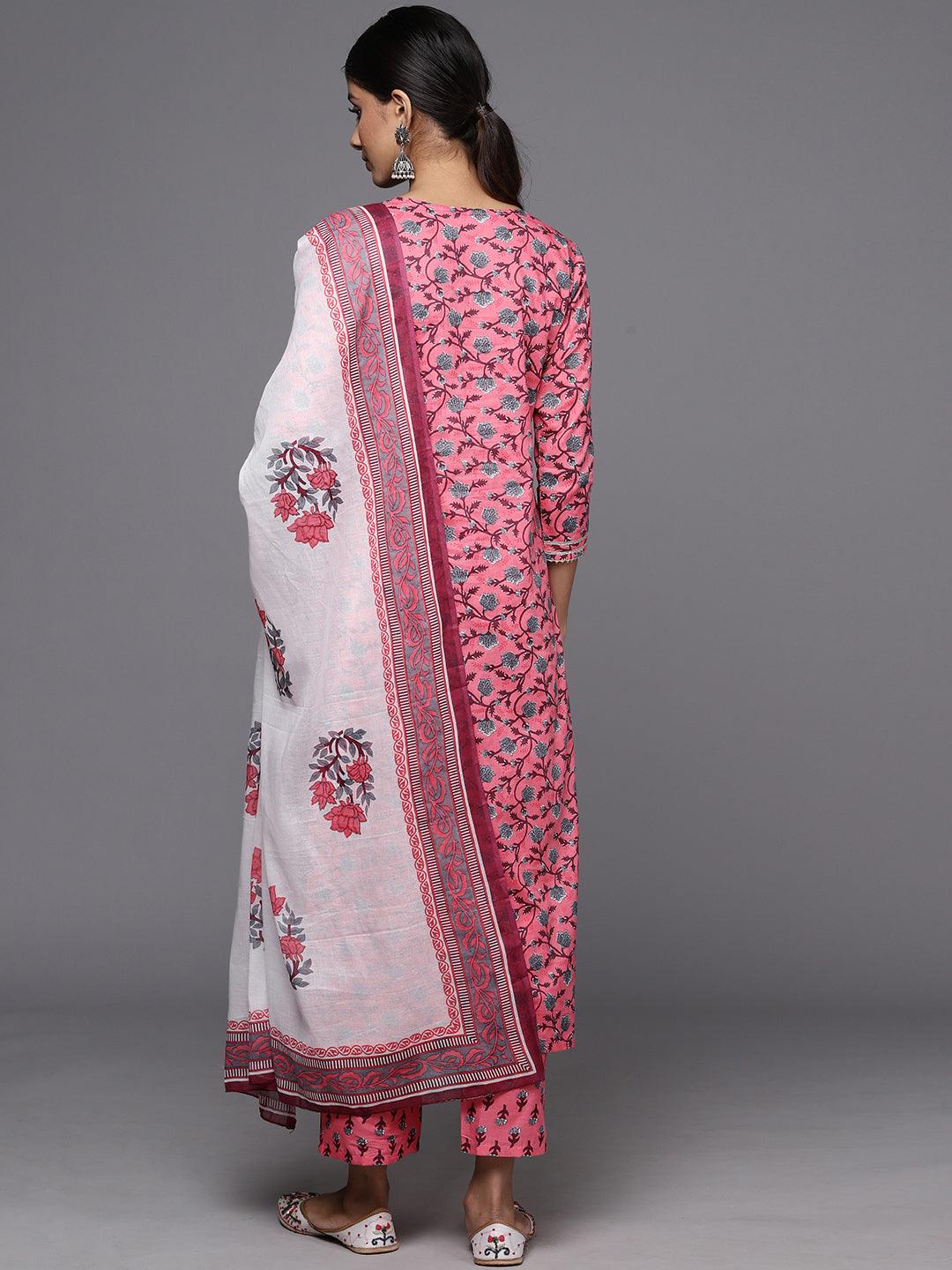 Pink Printed Cotton Straight Kurta With Trousers & Dupatta - ShopLibas