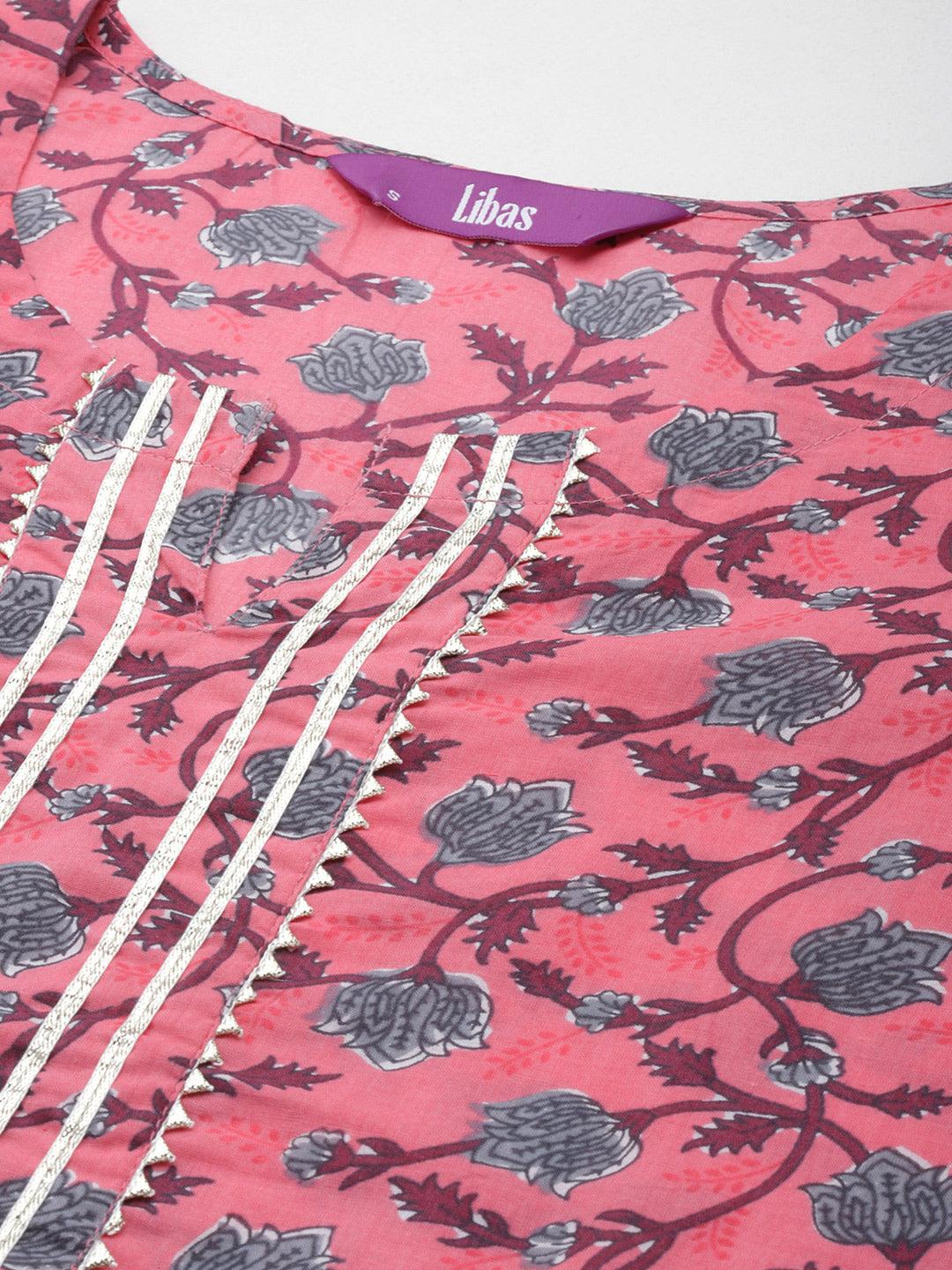 Pink Printed Cotton Straight Kurta With Trousers & Dupatta - ShopLibas