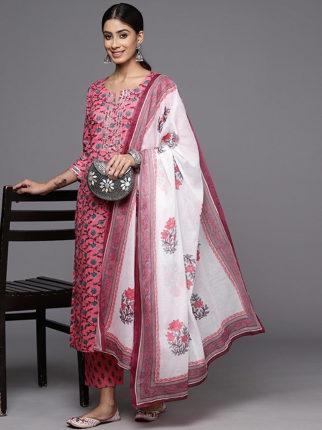 Pink Printed Cotton Straight Kurta With Trousers & Dupatta - ShopLibas