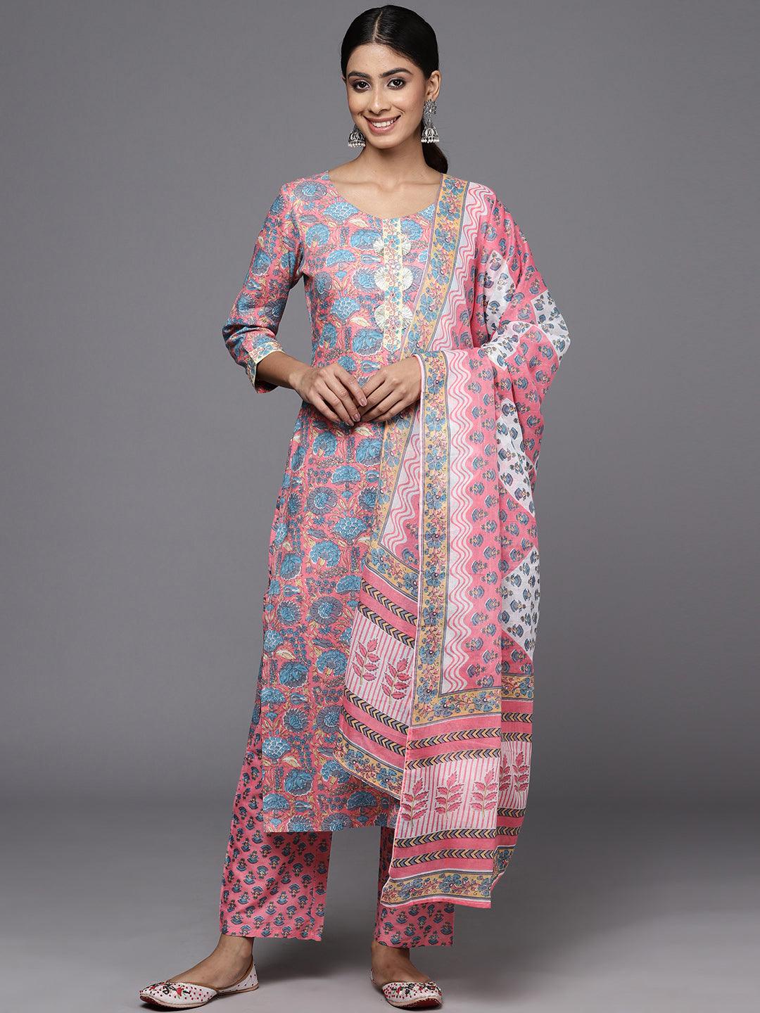 Pink Printed Cotton Straight Kurta With Trousers & Dupatta - ShopLibas