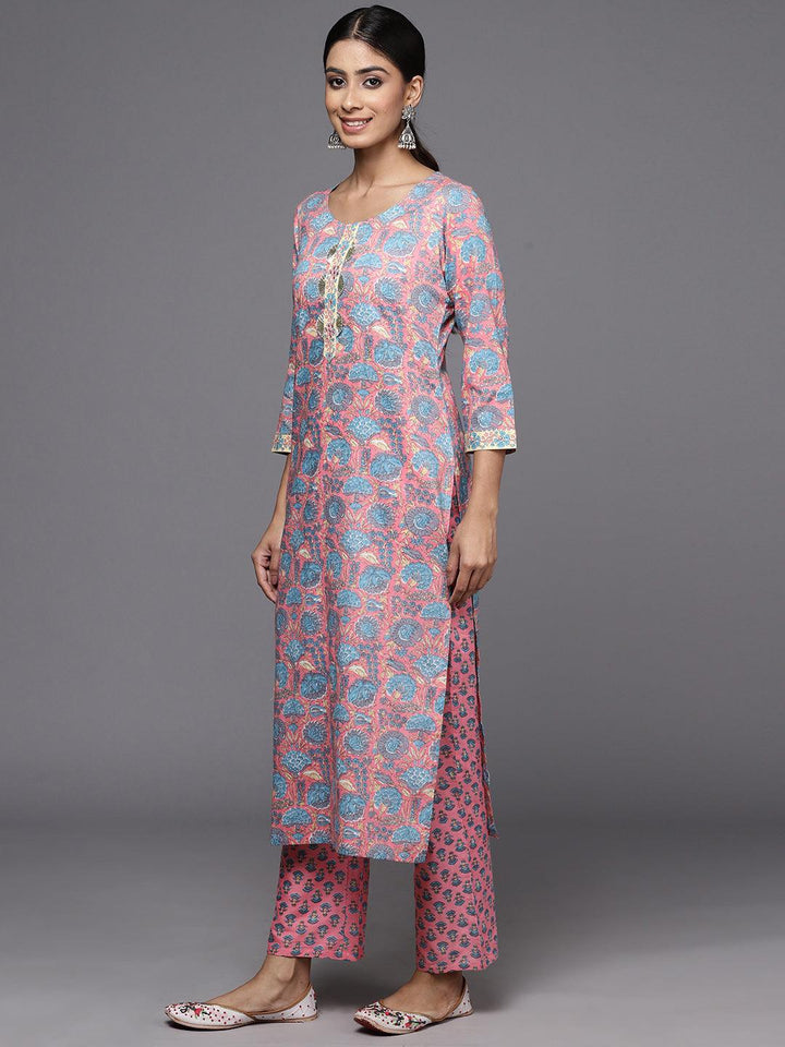 Pink Printed Cotton Straight Kurta With Trousers & Dupatta - ShopLibas