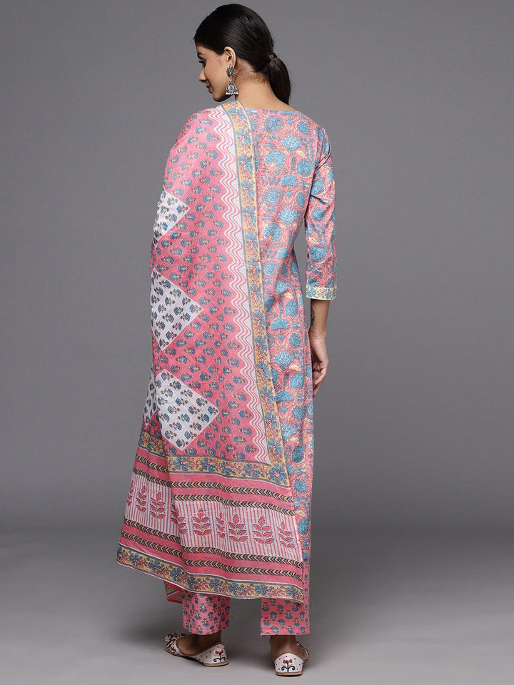 Pink Printed Cotton Straight Kurta With Trousers & Dupatta - ShopLibas