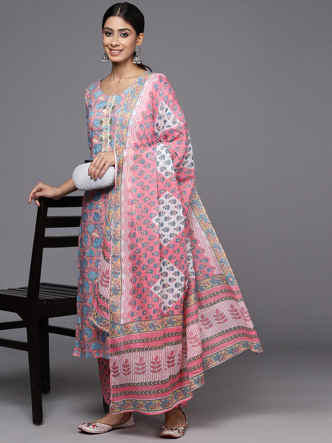 Pink Printed Cotton Straight Kurta With Trousers & Dupatta - ShopLibas