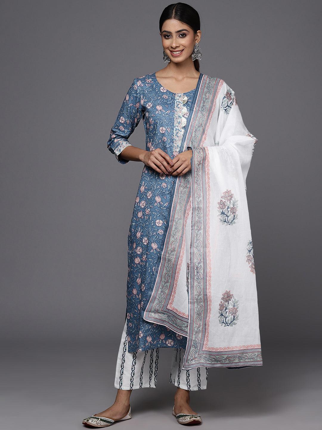 Blue Printed Cotton Straight Kurta With Trousers & Dupatta - ShopLibas