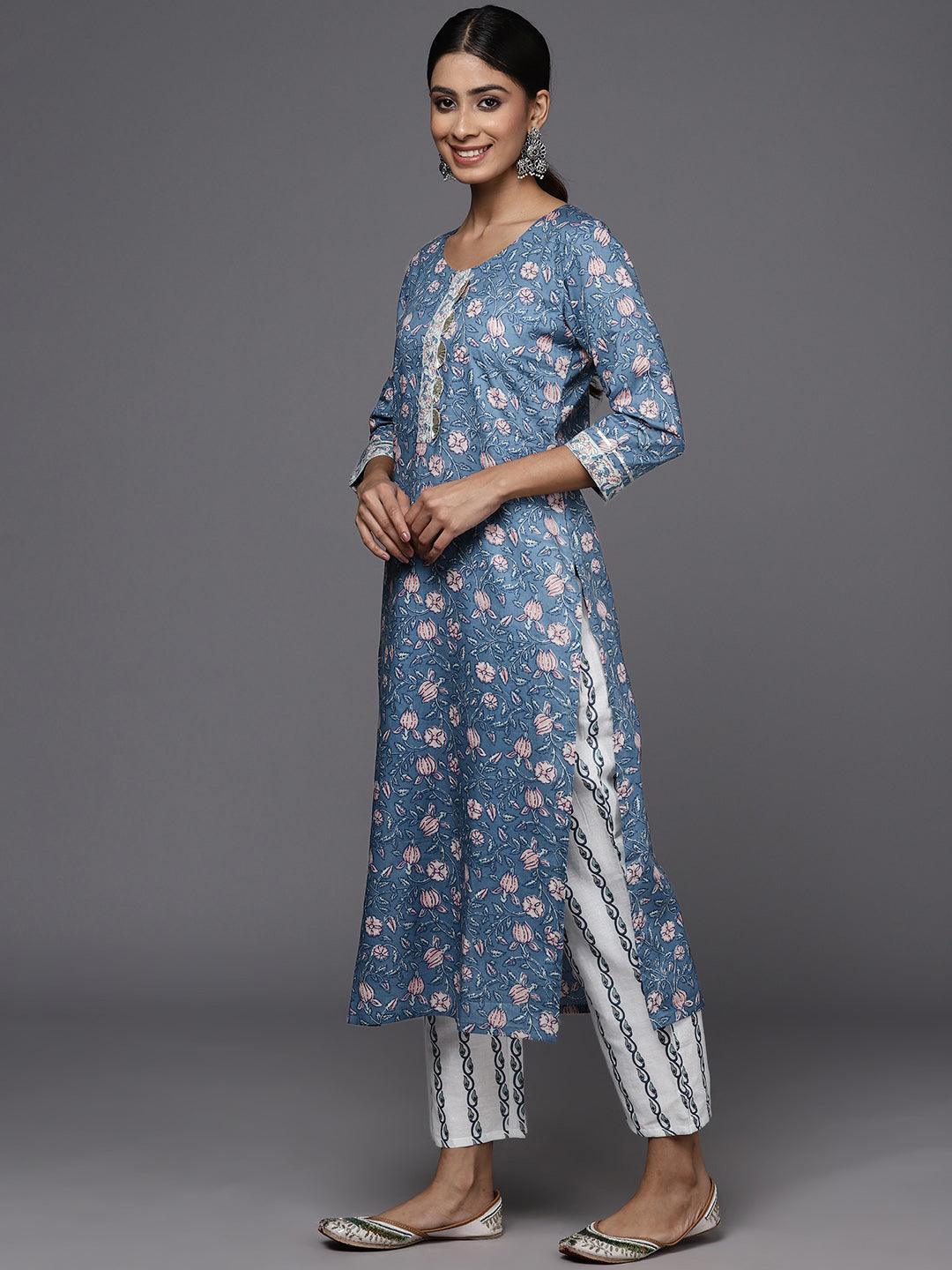 Blue Printed Cotton Straight Kurta With Trousers & Dupatta - ShopLibas