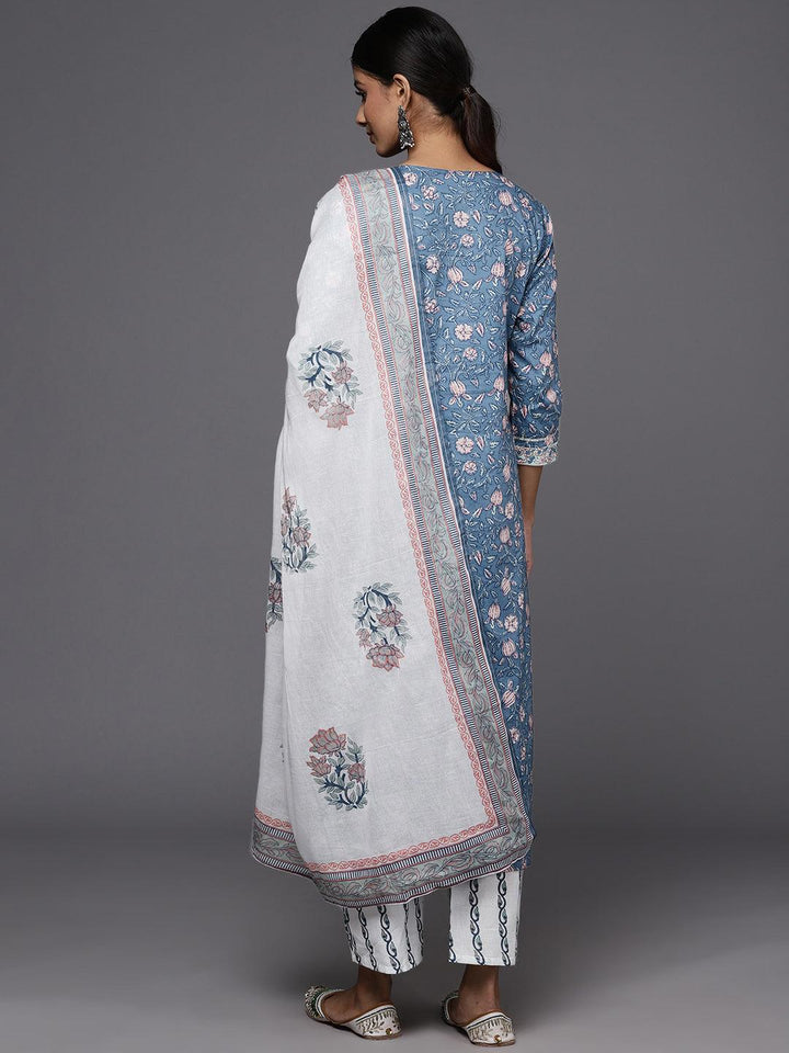 Blue Printed Cotton Straight Kurta With Trousers & Dupatta - ShopLibas