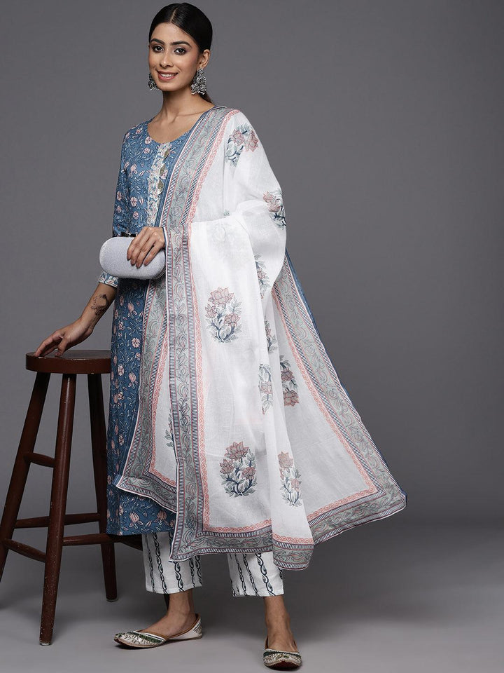 Blue Printed Cotton Straight Kurta With Trousers & Dupatta - ShopLibas