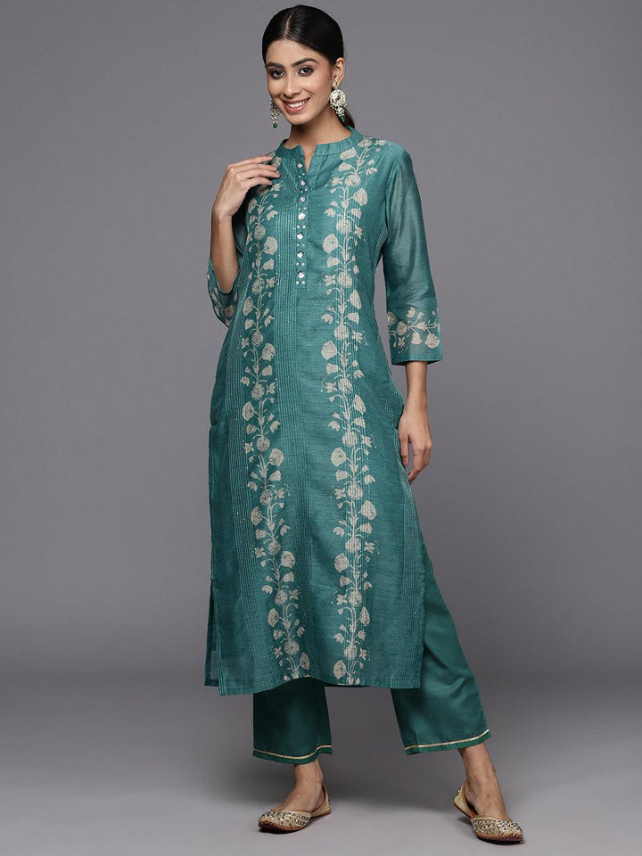 Rama Green Embroidered Chanderi Silk Straight Kurta With Trousers - ShopLibas